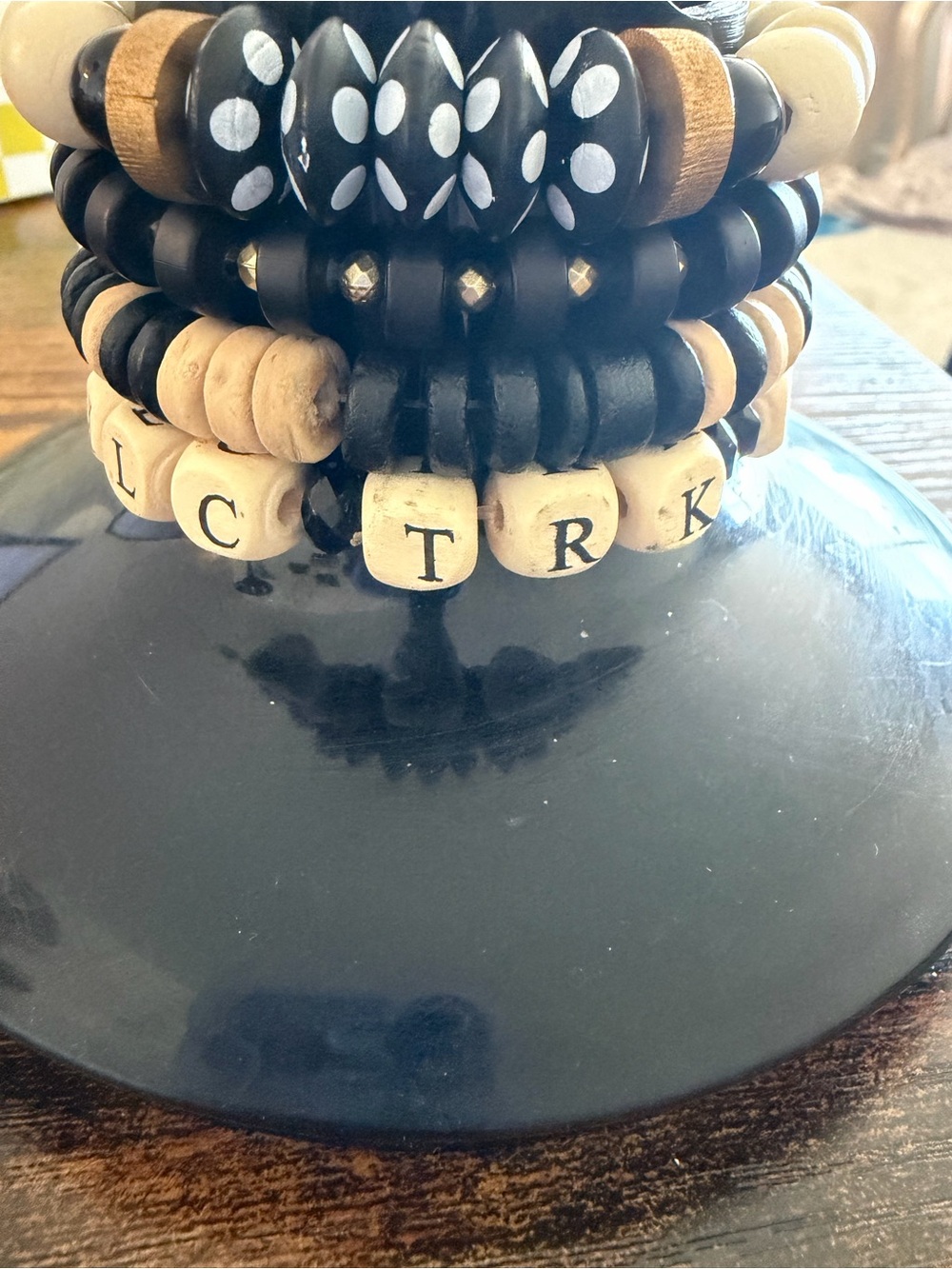 Plunder Black and Natural Wooden Beaded Stackable Bracelet Set NWT
